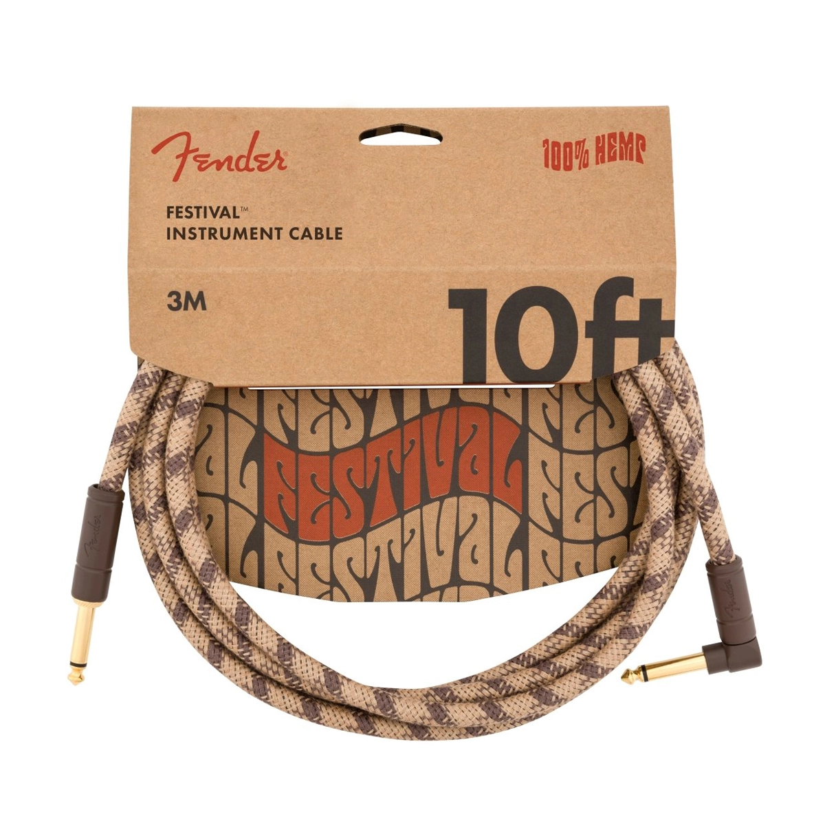 Fender Festival Hemp Straight to Right Angle Instrument Cable - 10' Brown Stripe