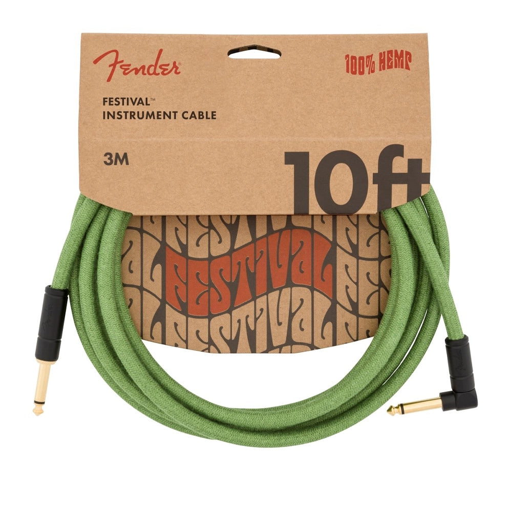 Fender Festival Hemp Straight to Right Angle Instrument Cable - 10 foot Green