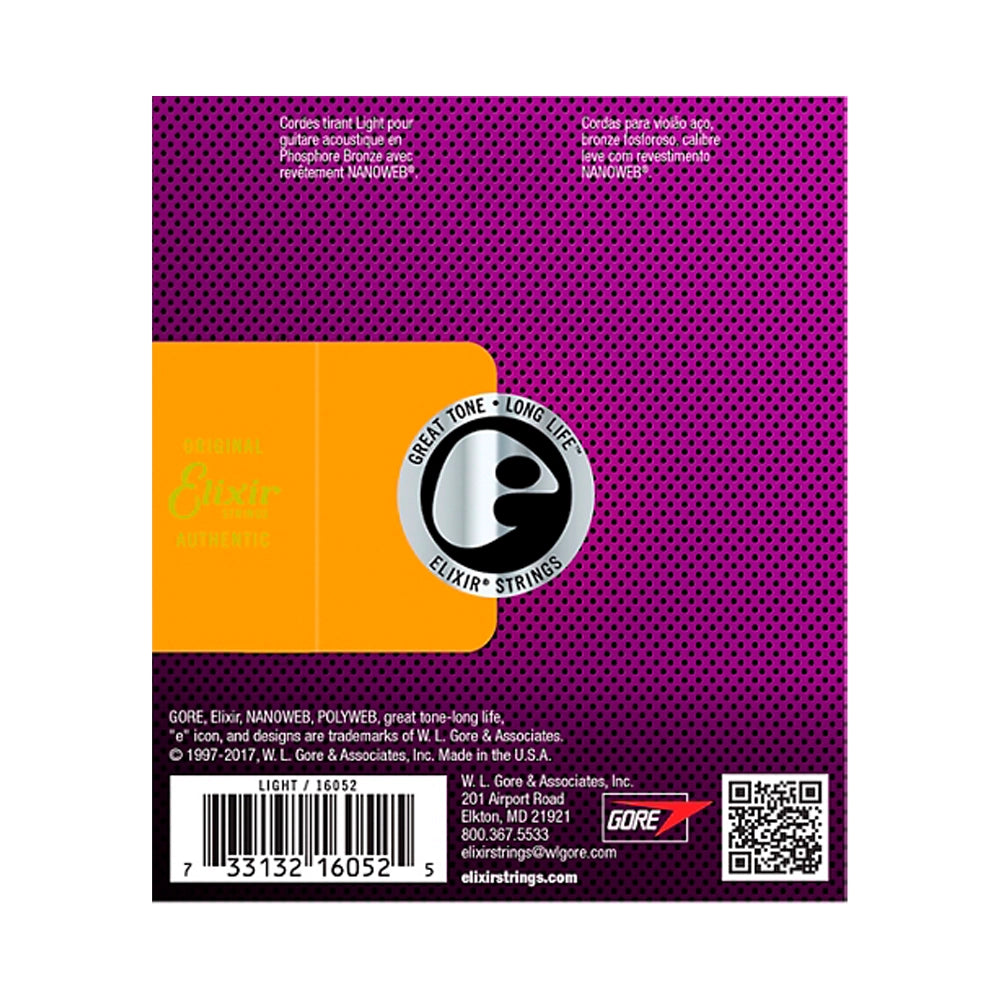 Elixir Phosphor Bronze Acoustic Guitar Strings with NANOWEB Coating, Light (.012-.053)