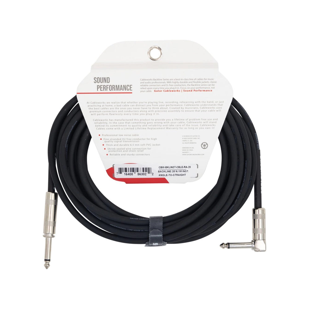 Gator Cableworks Backline Series Instrument Cable 1/4" Straight to 1/4" Right Angle - 20 FT.