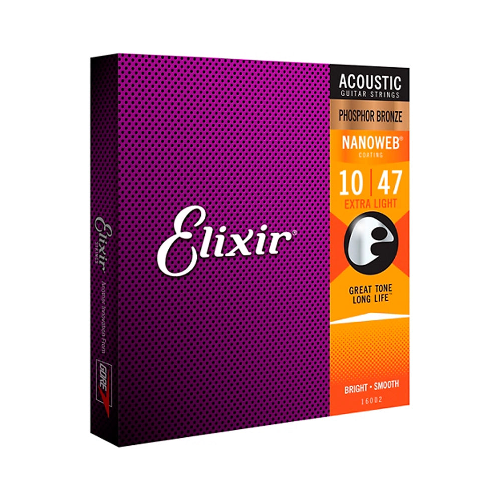 Elixir Phosphor Bronze Acoustic Guitar Strings with NANOWEB Coating, Extra Light (.010-.047)