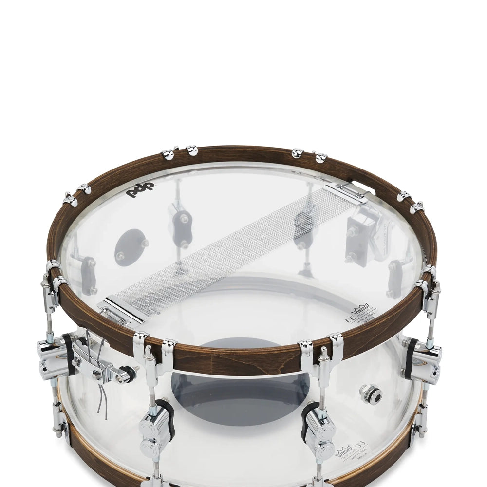 PDP 25th-anniversary Snare Drum - 6.5 inch x 14 inch, Clear Acrylic with Walnut-stained Hoops